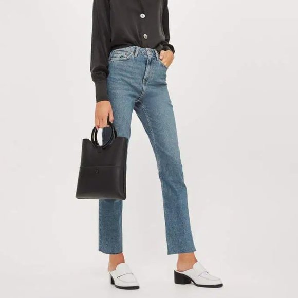 Topshop Denim - Topshop Mid Blue Straight Leg Raw Hem Jeans 28